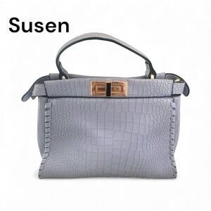 Susen Croc Embossed Top Handle Bag Gray Gold Hardware Satchel Purse Vegan L